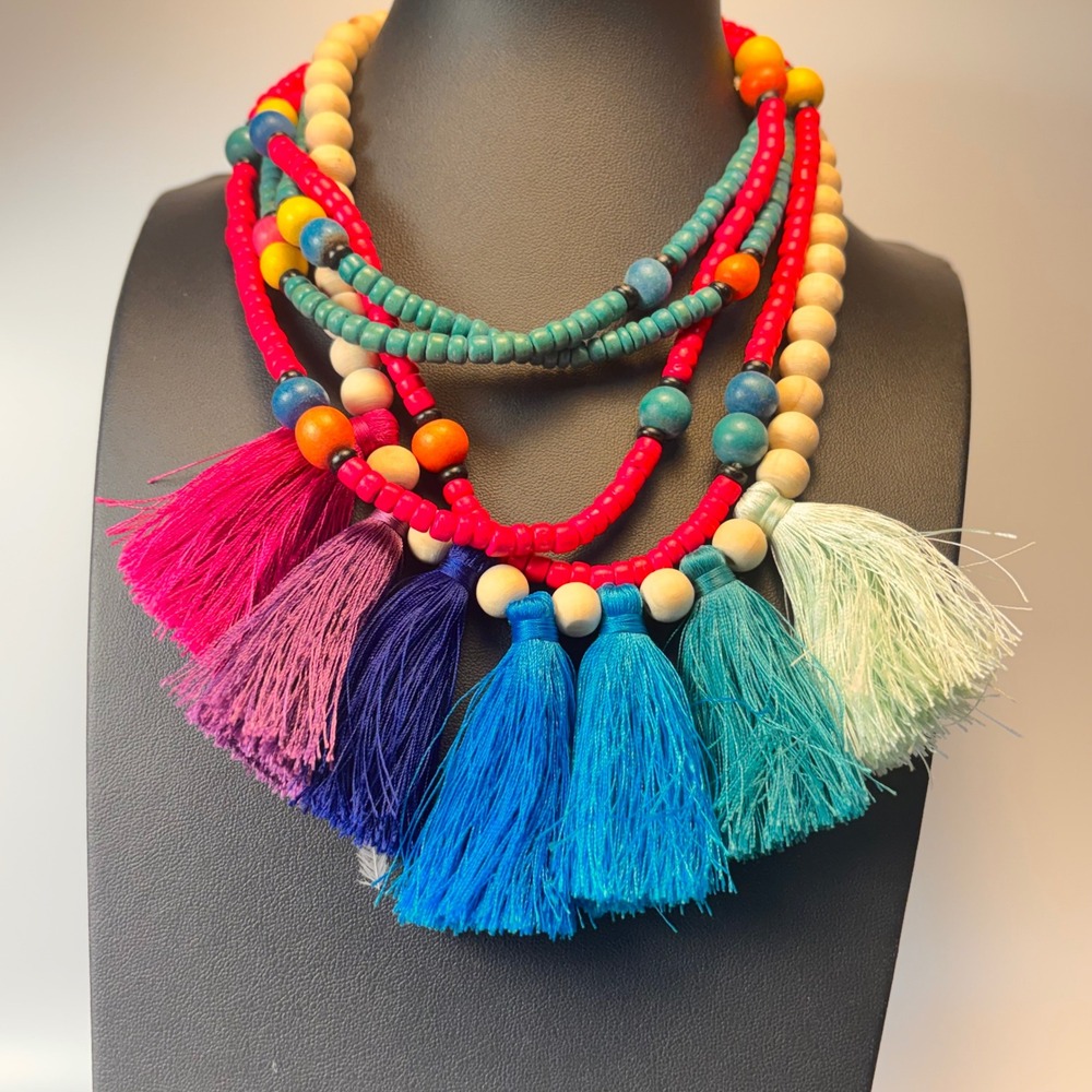 Wooden Bead Necklace Set Multicolor Tassel Boho Statement Layered 3pcs